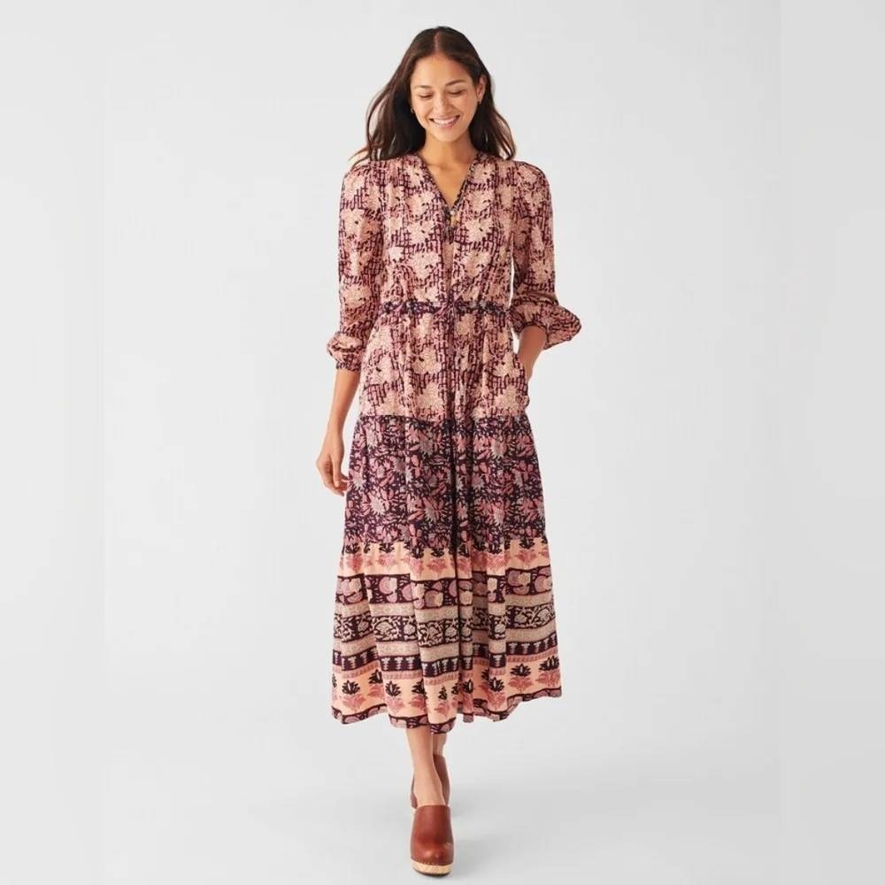 Faherty Maxi Shirt Dress XS Idina 100% Organic Cotton Batik Tiered Long Sleeve